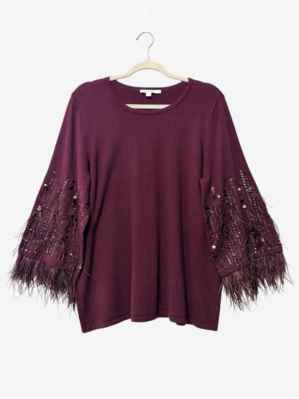 Chico's Embellished Feather Sleeve Sweater Size (3) XL Plum Purple Fine Knit